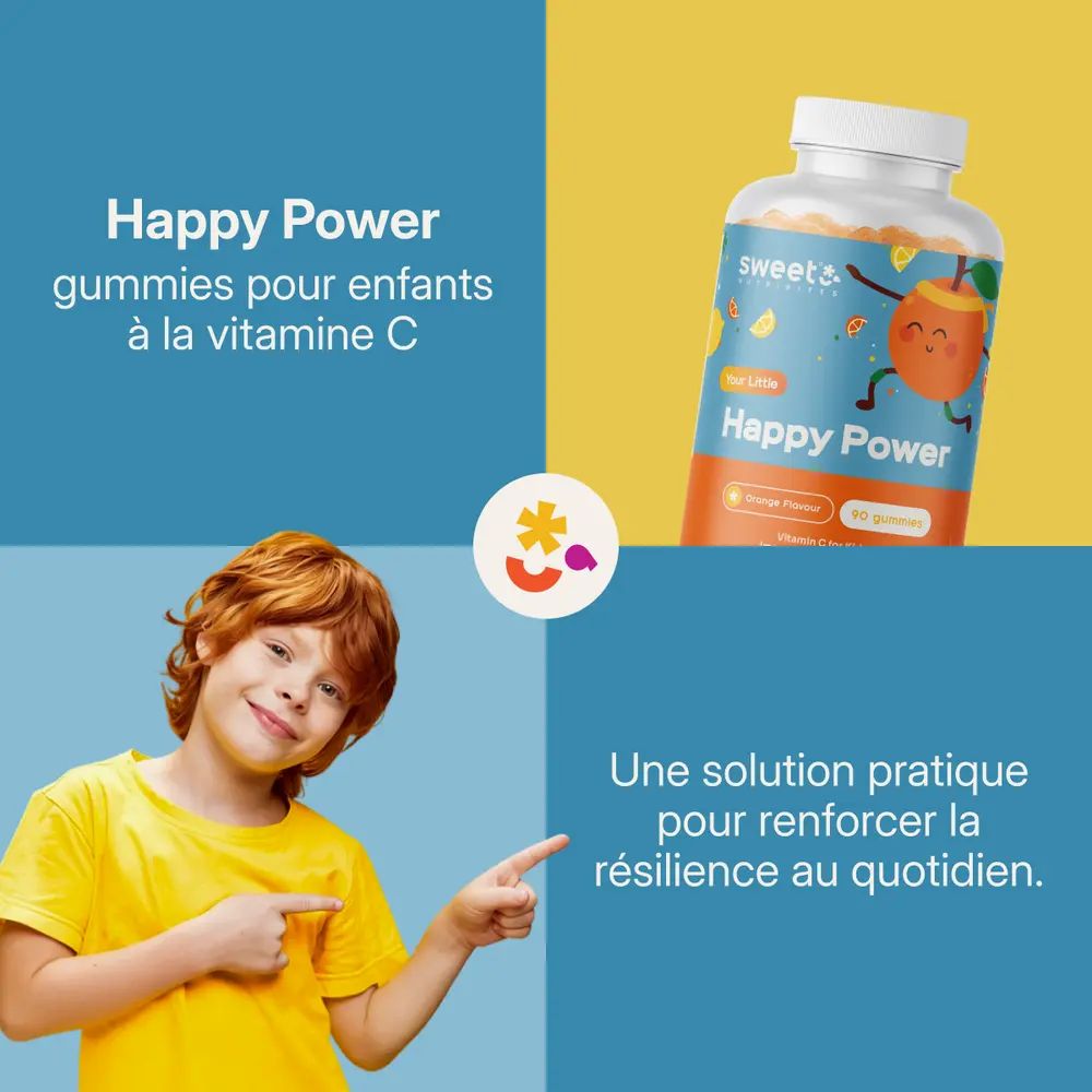 Un garçon montre un flacon de gommes. Texte : Happy Power. Fond bleu et jaune.