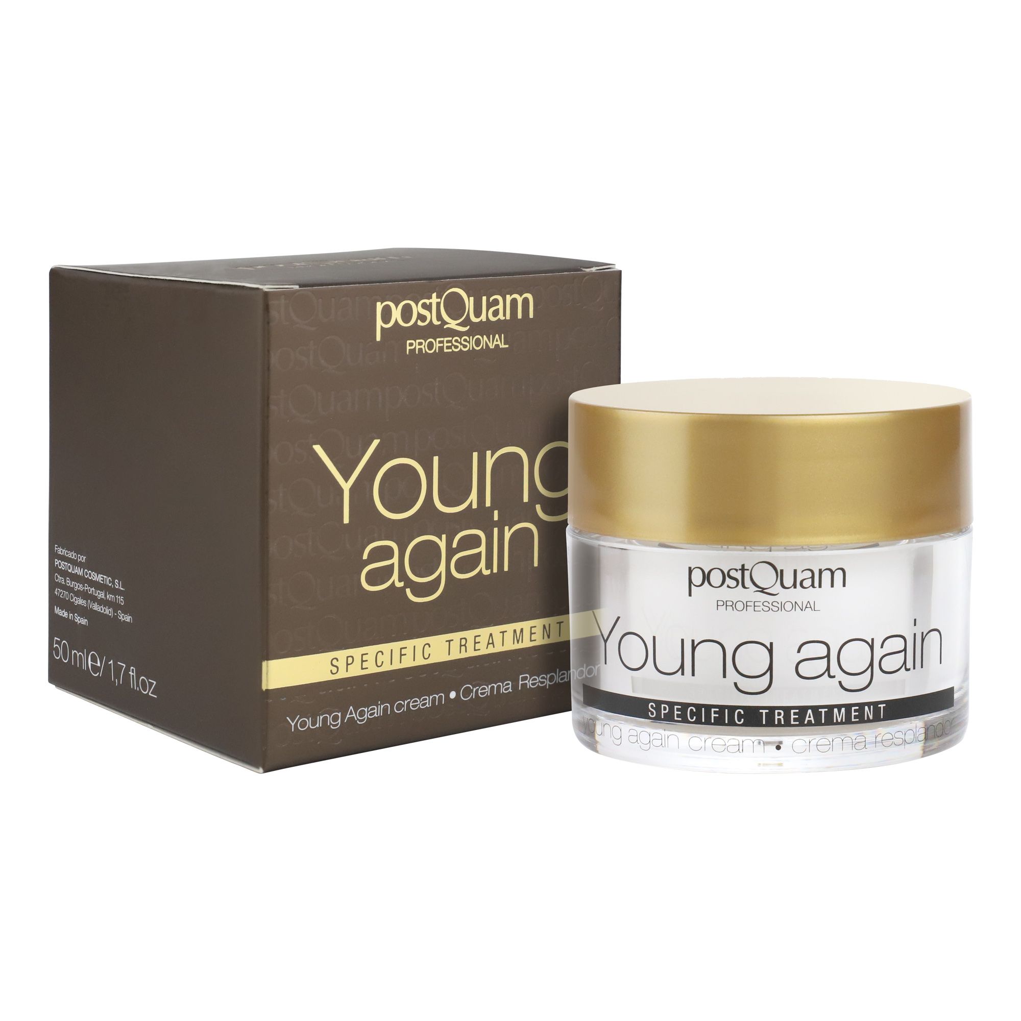 Crèmepot met gouden deksel en bruine verpakking. Opschrift: Young again, Specific Treatment. Merk: Postquam.
