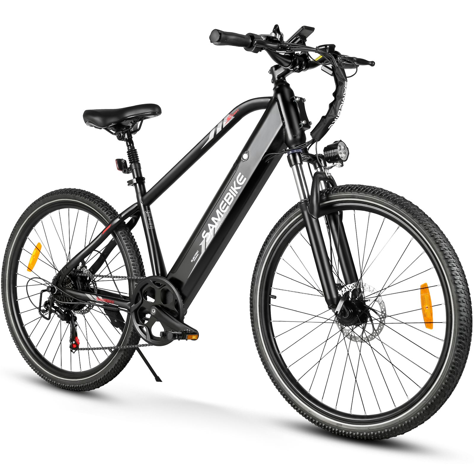 VTT électrique noir SAMEBIKE. Composants visibles : cadre, roues, selle, guidon, phare, pédales. Détails rouges et jaunes.