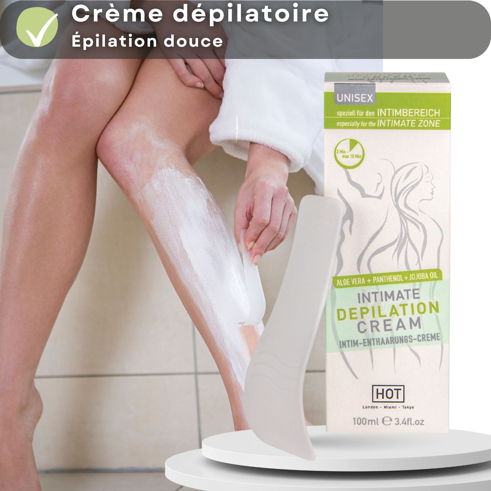 Crème, spatule et jambe. Inscription : INTIMATE DEPILATION CREAM. Marque : HOT. 100 ml. Unisex. Informations sur le produit.