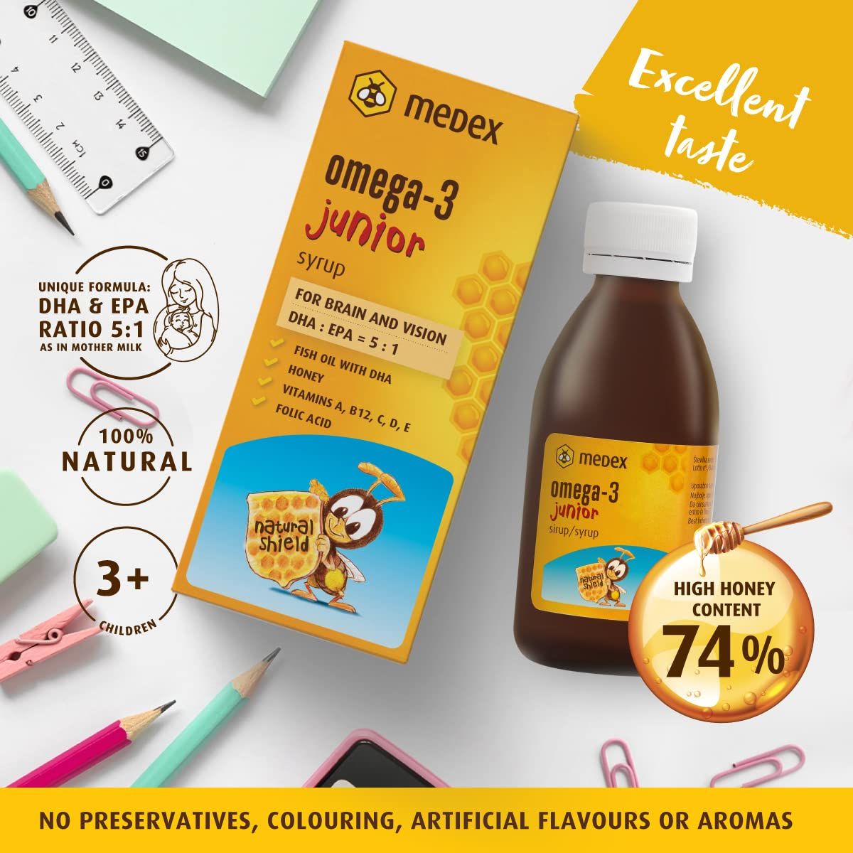 Emballage et bouteille du produit. Inscription : Omega-3 Junior sirop. Contient du miel, des vitamines et du DHA. 74% de miel.