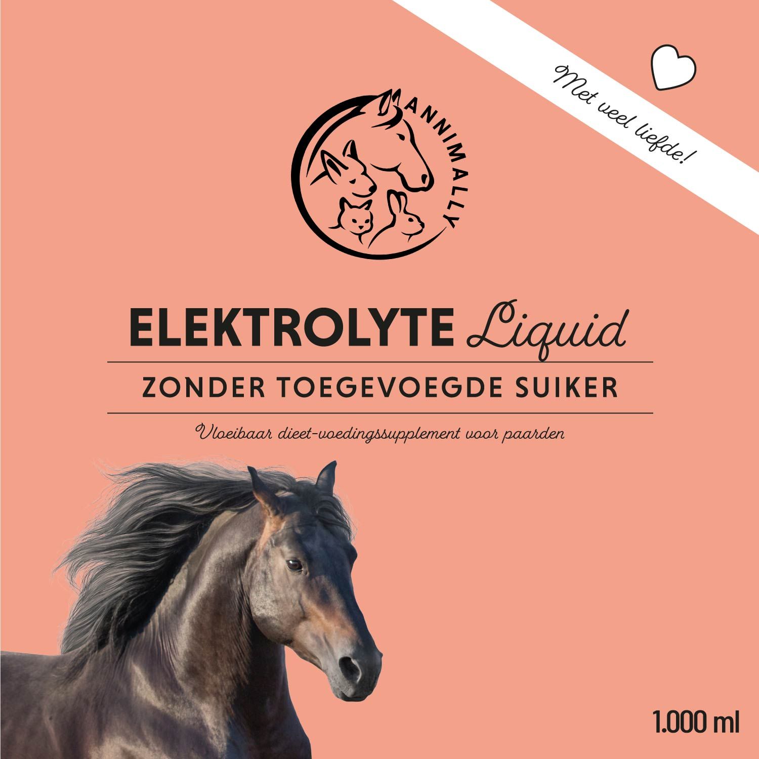 Etiket met productnaam, logo en paard. Tekst: Elektrolyten Liquid, zonder toegevoegde suiker. Vloeibaar dieetvoedingssupplement voor paarden.