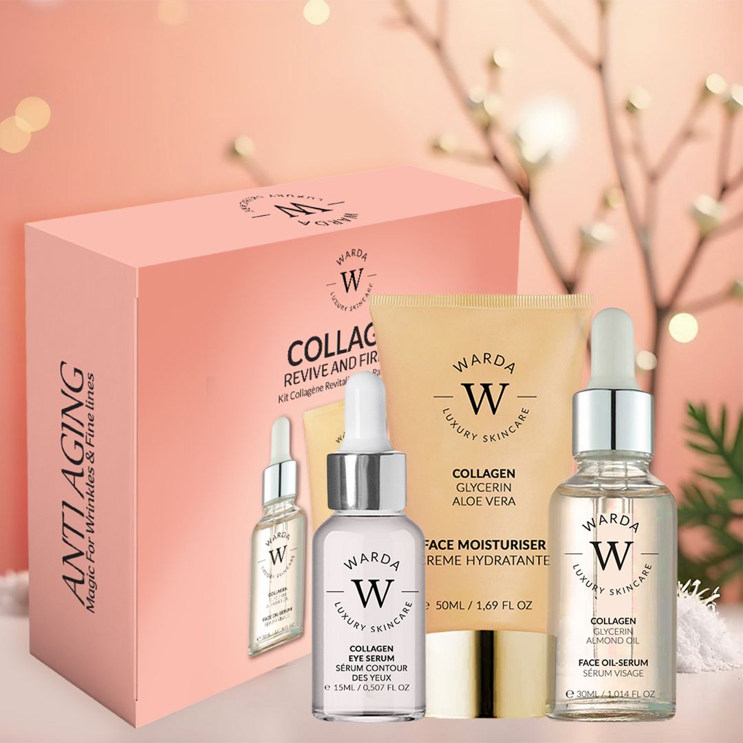 Ensemble Warda COLLAGENSKIN LIFTER SERUM. Ensemble avec boîte, flacons de sérum et crème. Inscription : COLLAGEN, LUXURY SKINCARE.