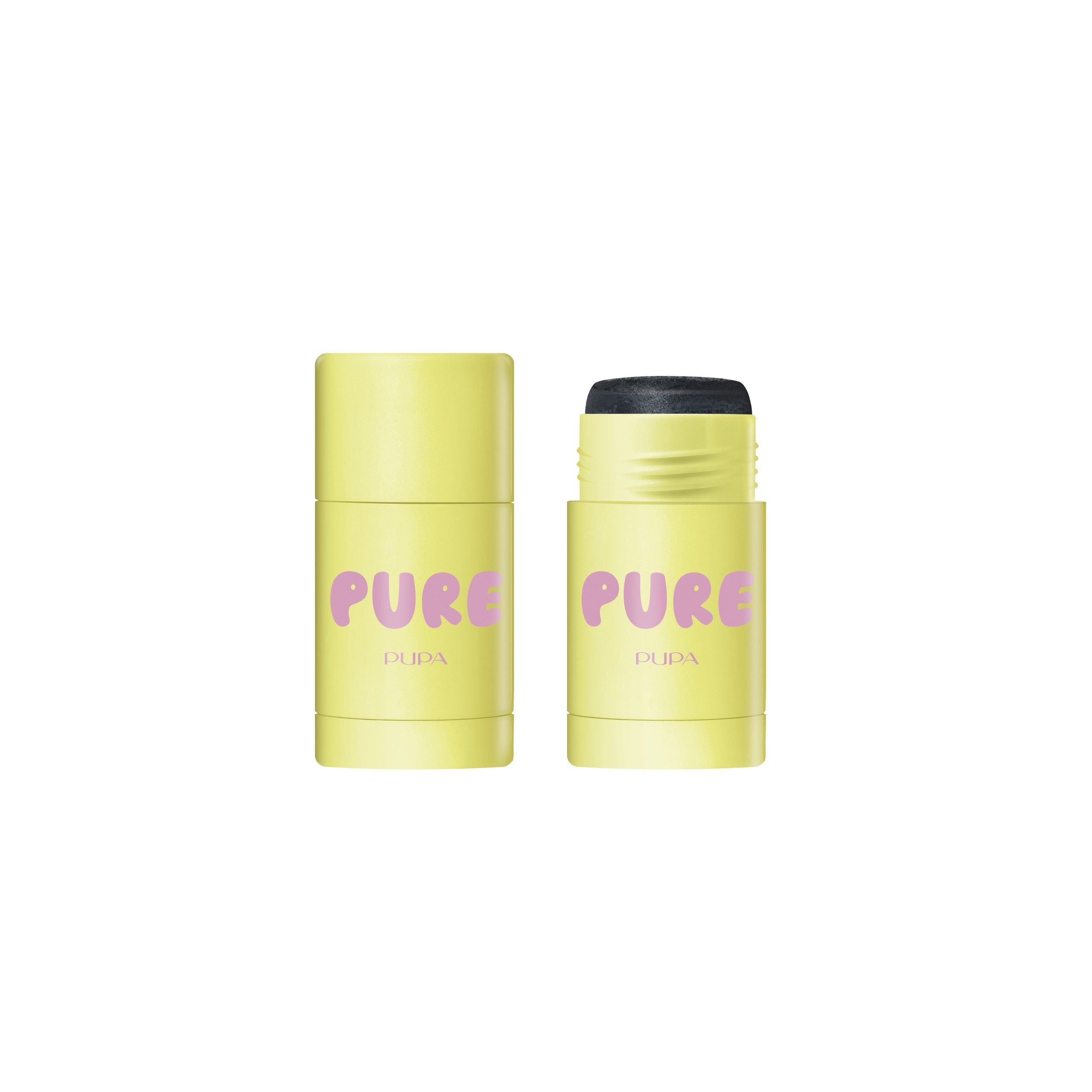 Twee gele sticks met opschrift "PURE". Eén is gesloten, de andere is open en toont de donkere applicator.