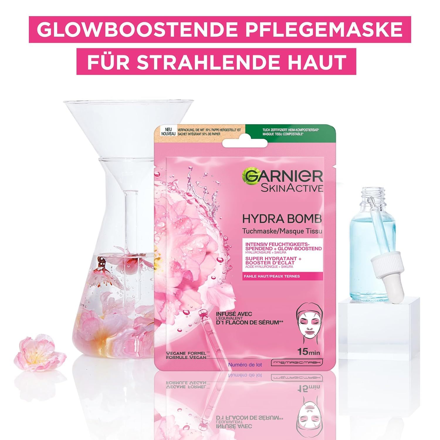 Garnier SkinActive Hydra Bomb tissue mask, fles en glazen container. Opschrift: Intensieve hydratatie, glow.