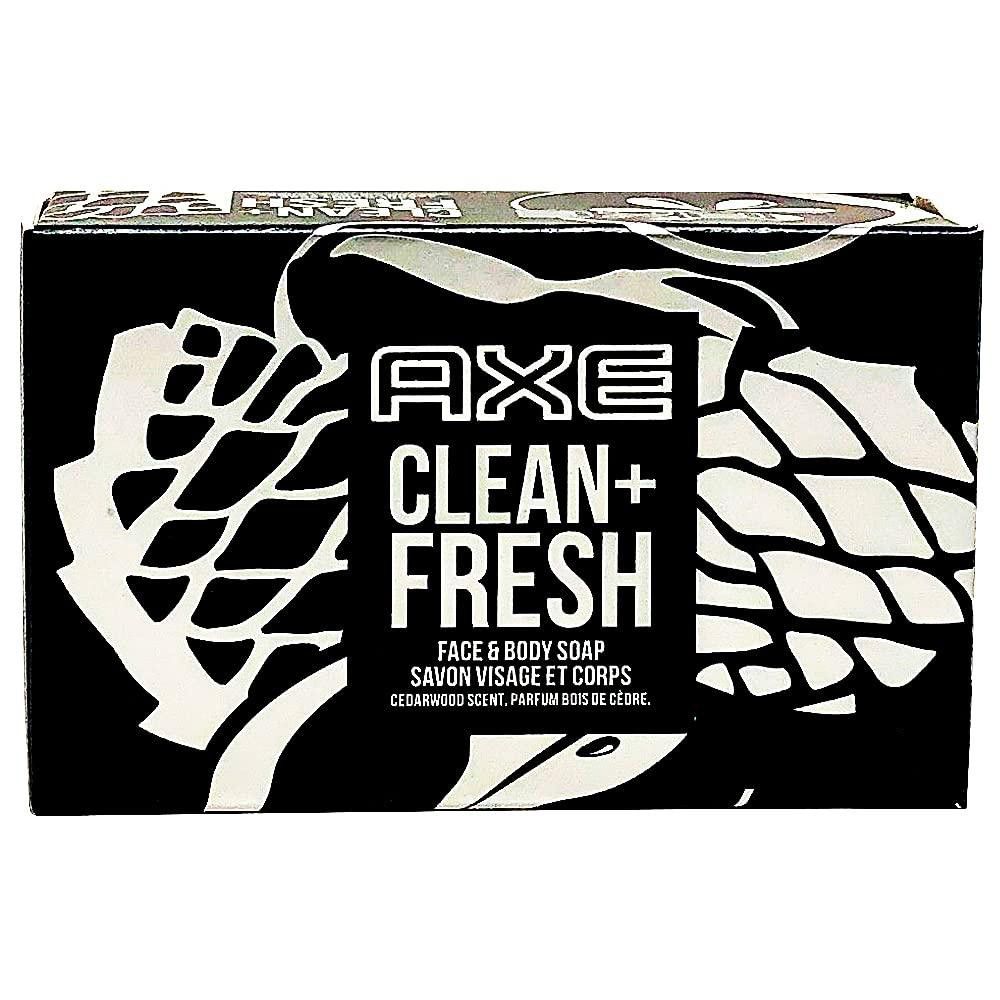 Emballage noir avec motif blanc et texte AXE CLEAN+ FRESH. Texte: FACE & BODY SOAP, SAVON VISAGE ET CORPS. Parfum bois de cèdre.