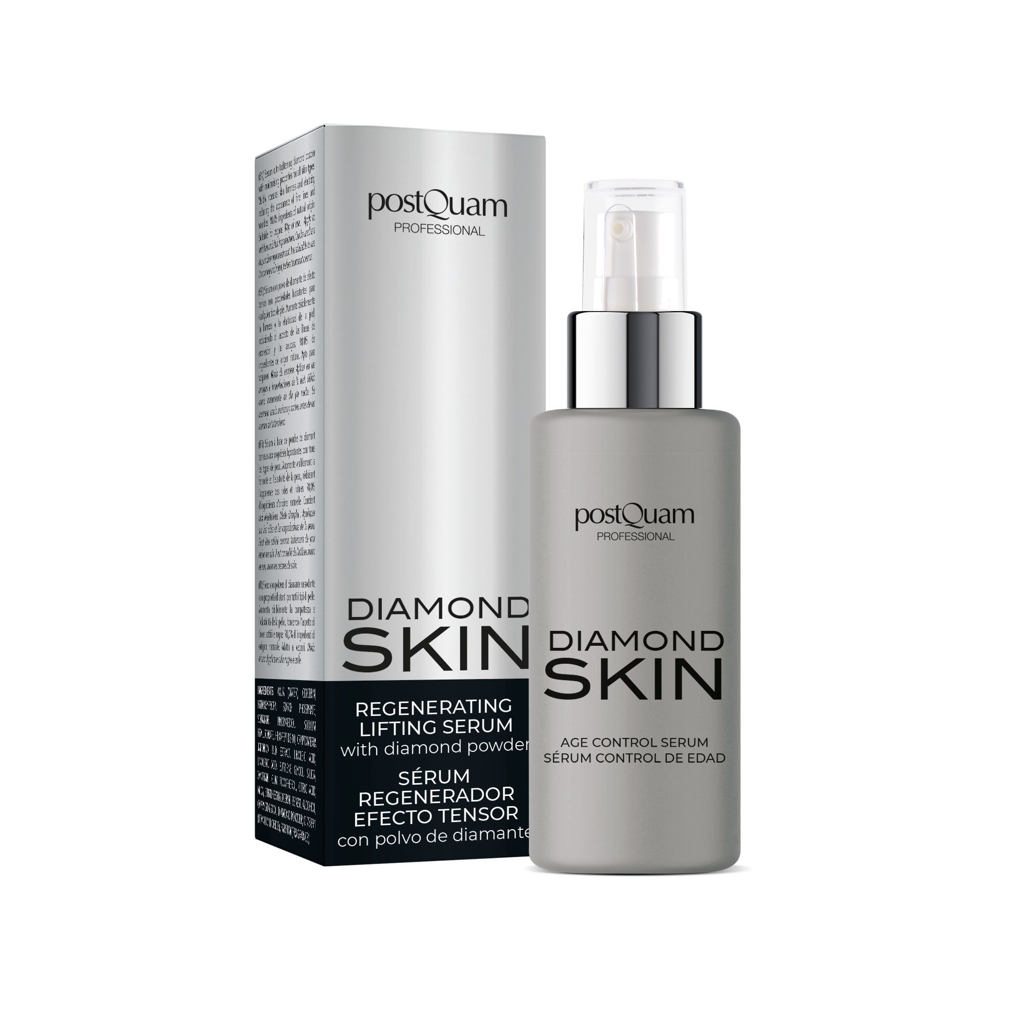 Grijze fles en doos met productnaam DIAMOND SKIN. Opschrift: Regenerating Lifting Serum. Merk: postQuam PROFESSIONAL.