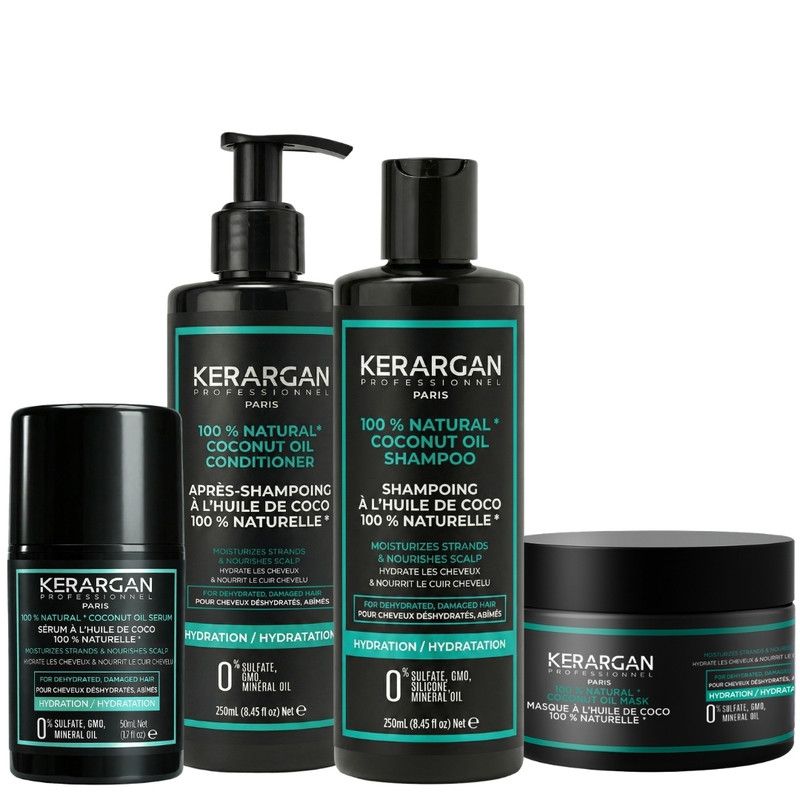 Set van vier zwarte Kerargan haarverzorgingsproducten. Bevat shampoo, conditioner, serum en een masker. Alle producten hebben groene accenten.