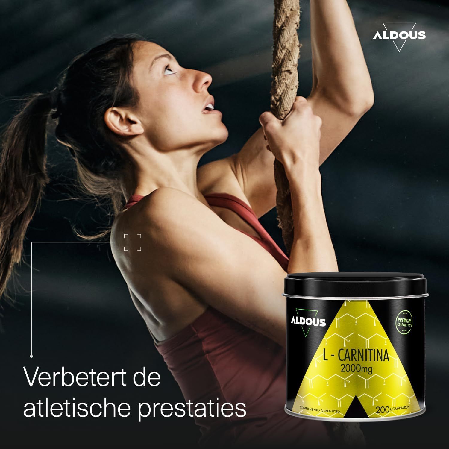 Aldous L-Carnitine blik met 2000mg per capsule, geel design met chemische structuur.