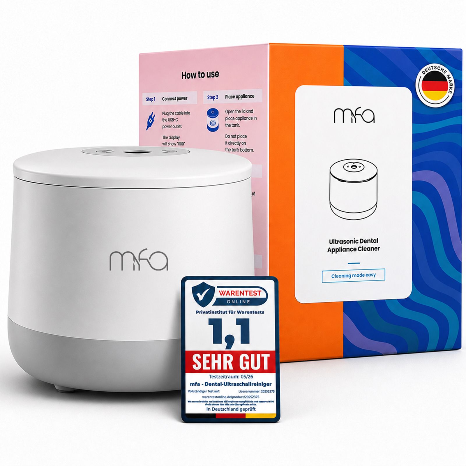 Ultrasoonreiniger met verpakking. Merk: mfa. Certificering: Zeer goed. Sticker: Made in Germany.
