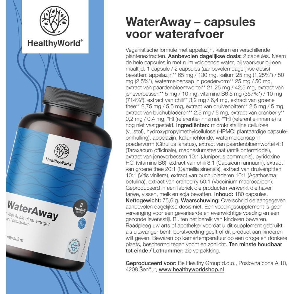 Productbeschrijving van WaterAway capsules. Fles met capsules. Logo: HealthyWorld. 3 maanden.