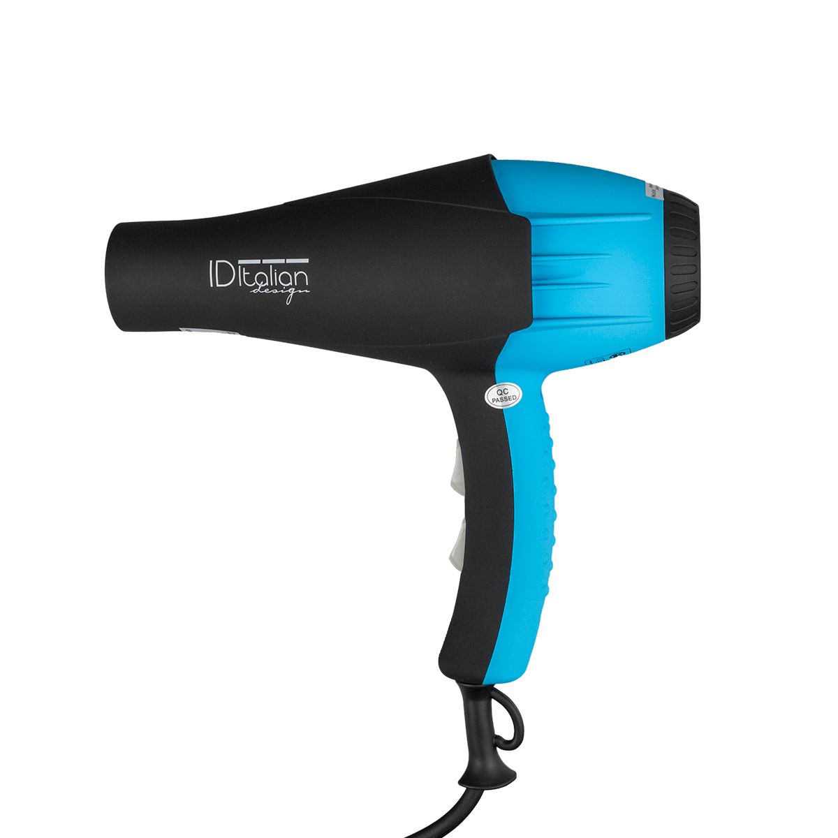 Sèche-cheveux noir et bleu. Sur l'appareil : ID Italian. Poignée avec deux interrupteurs. Câble noir.