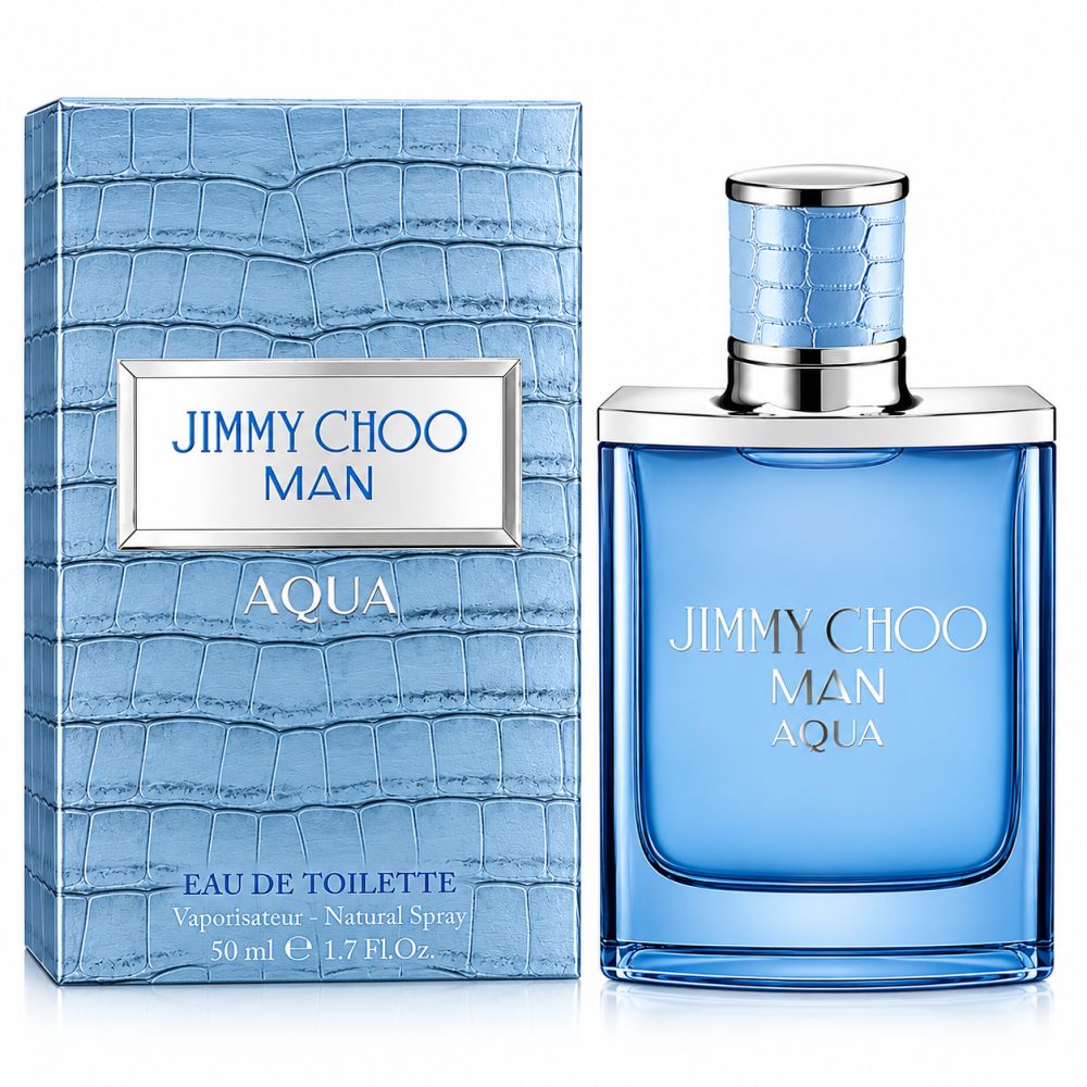 Flacon et emballage Jimmy Choo Man Aqua Eau de Toilette avec texture cuir de crocodile.