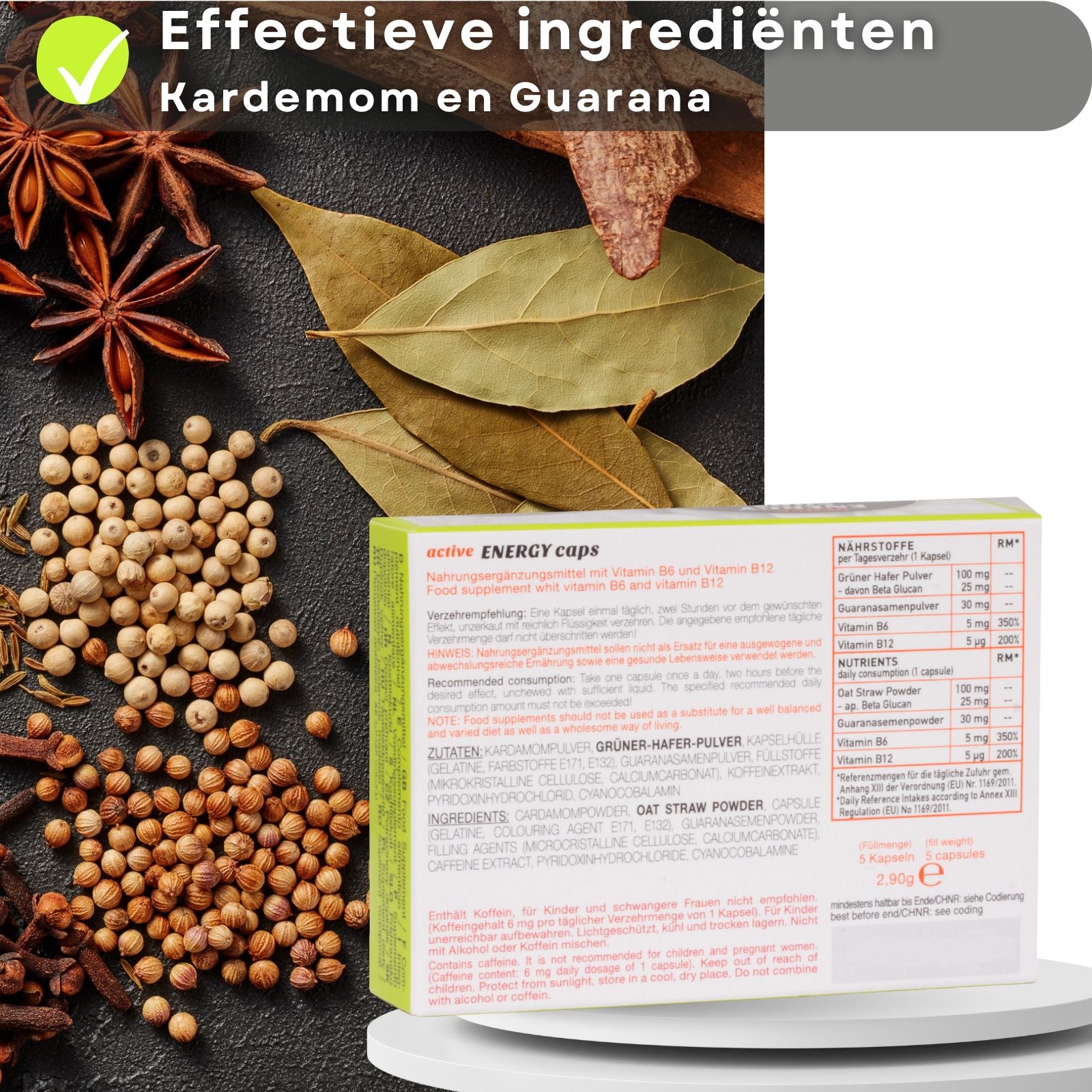 Achterkant van de verpakking "Ero active ENERGY caps" met voedingsinformatie.