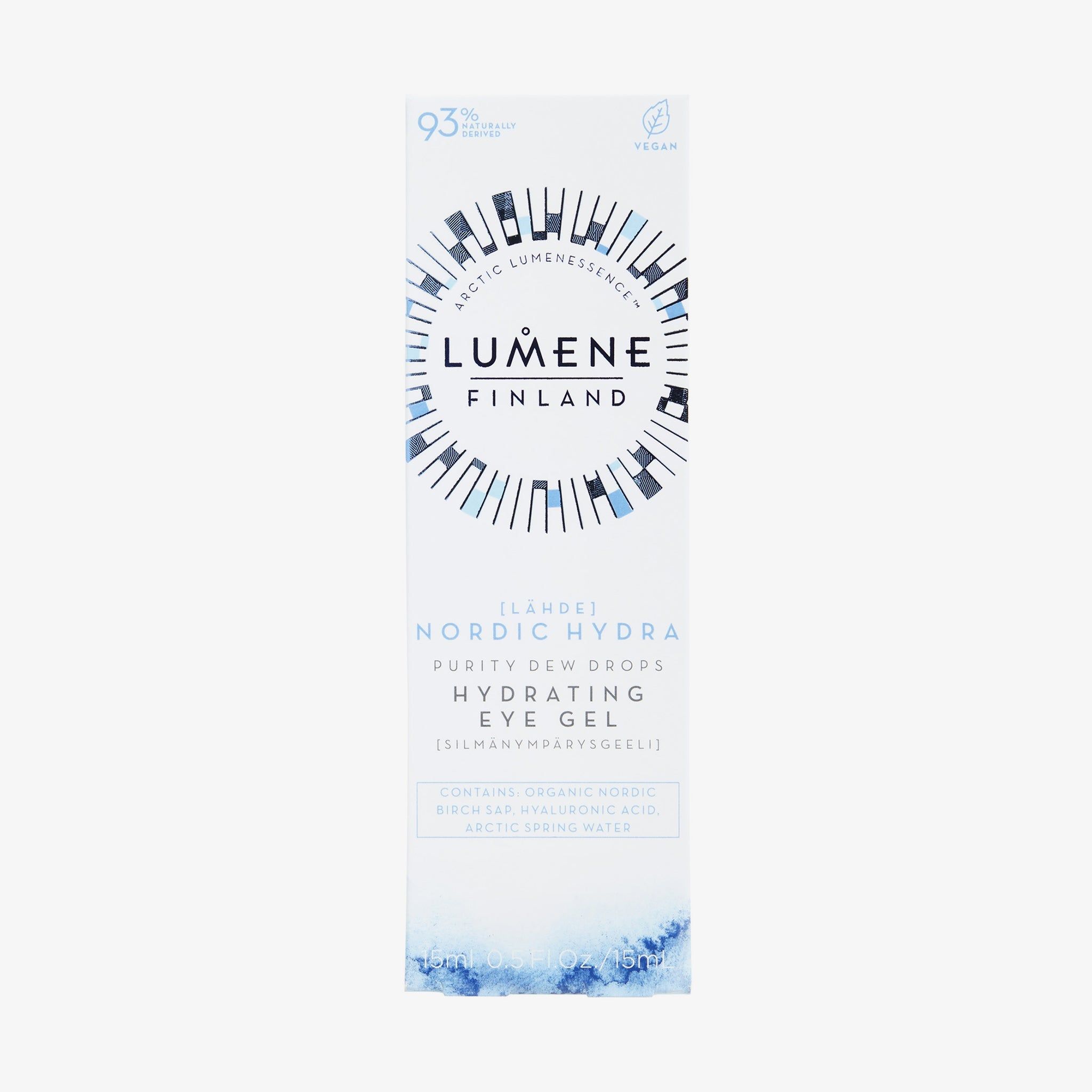 Emballage blanc avec accents bleus. Inscription : Lumene Finland, Nordic Hydra Purity Dew Drops Hydrating Eye Gel. Label vegan.