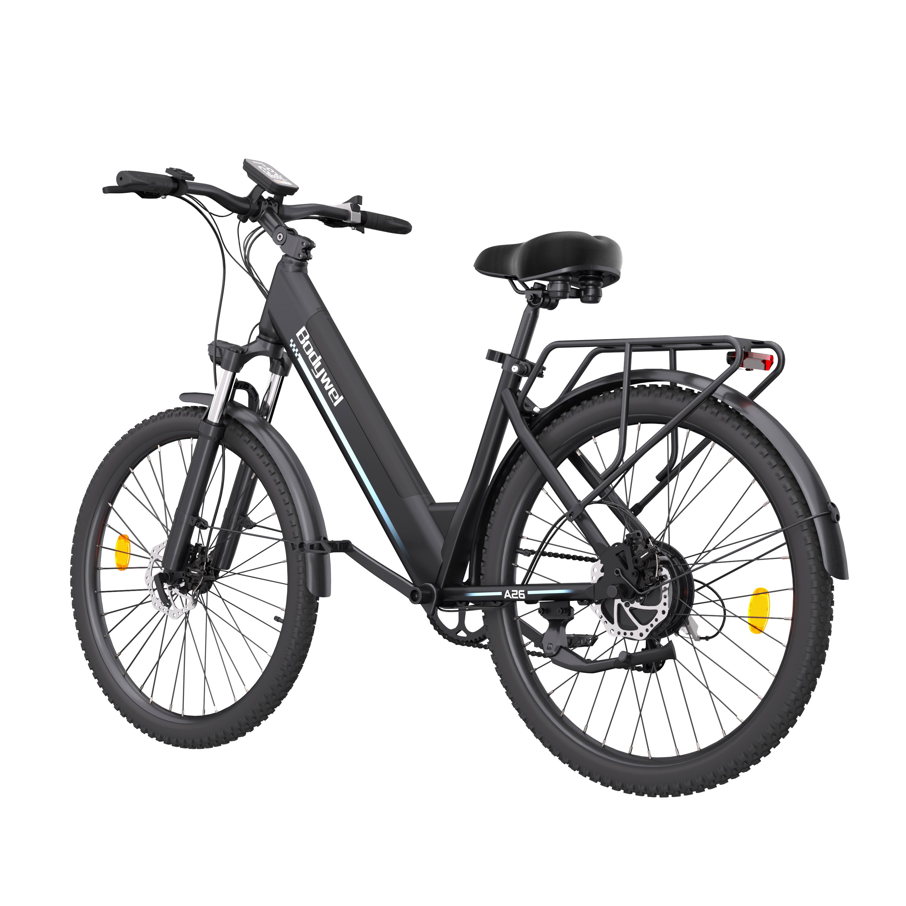Vélo électrique noir, vue arrière. Porte-bagages, garde-boue, feu arrière. Bodywel A26.