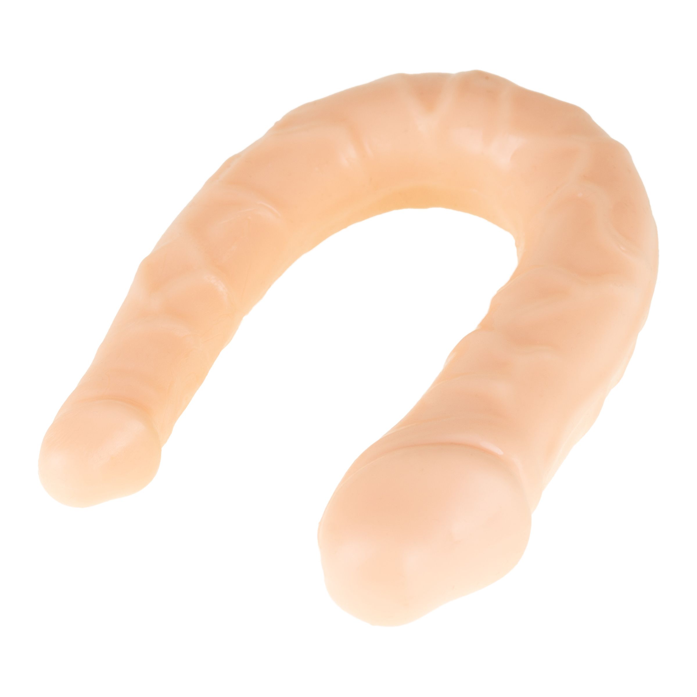 Sextoy beige en forme de U. Surface cannelée. Sur fond blanc.
