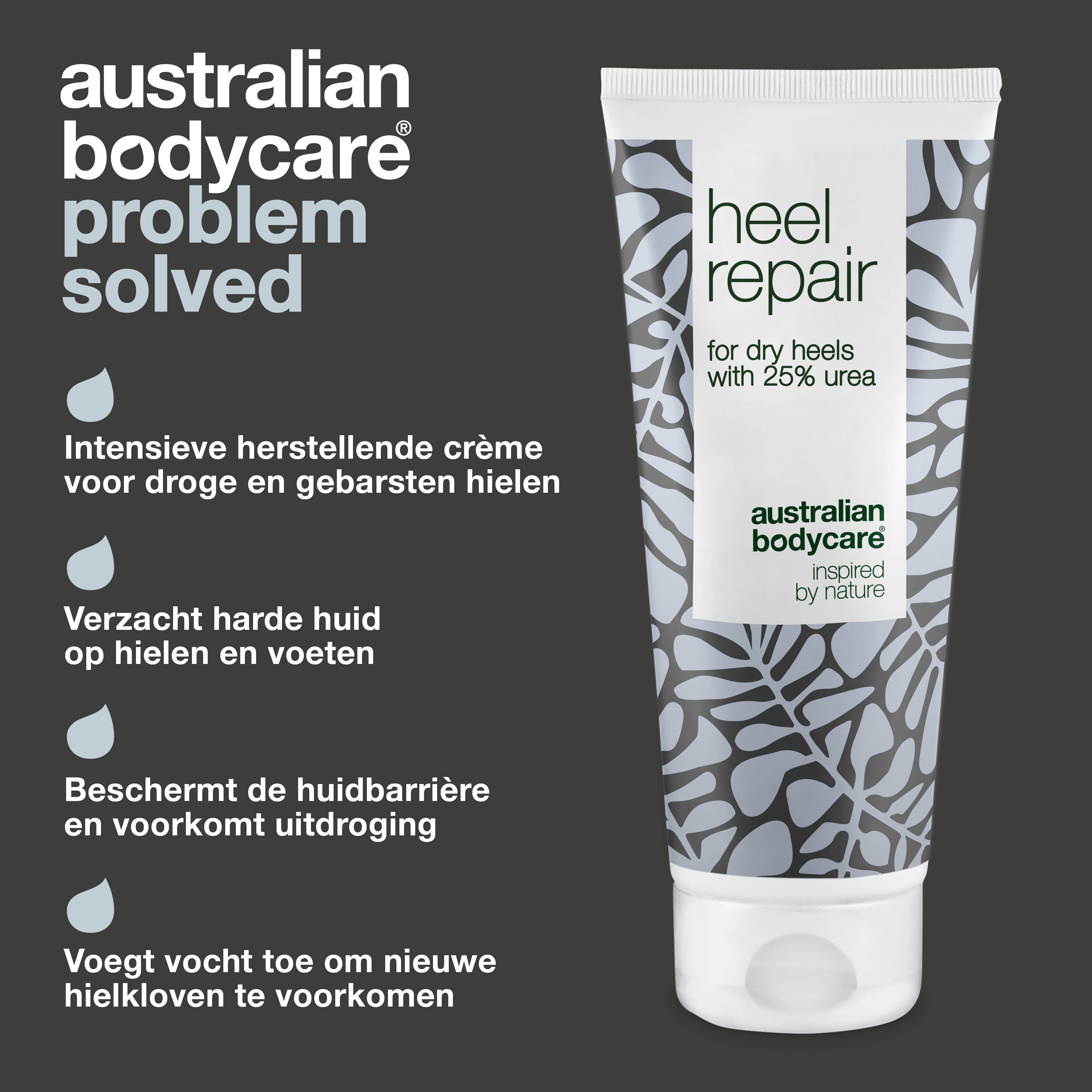 Tube Heel Repair, Australian Bodycare. Tekst: Crème tegen droge en gebarsten hielen.