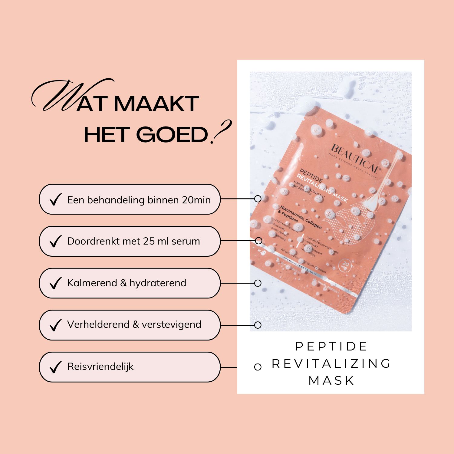 Beautical Peptide Revitalizing Mask. Tekst. Roze achtergrond.