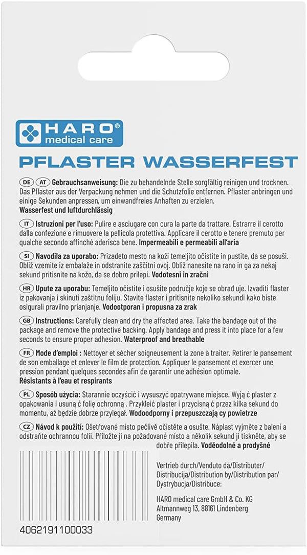 Dos de l'emballage Haro Pflaster wasserfest. Texte en allemand, anglais, français, italien, néerlandais et tchèque.