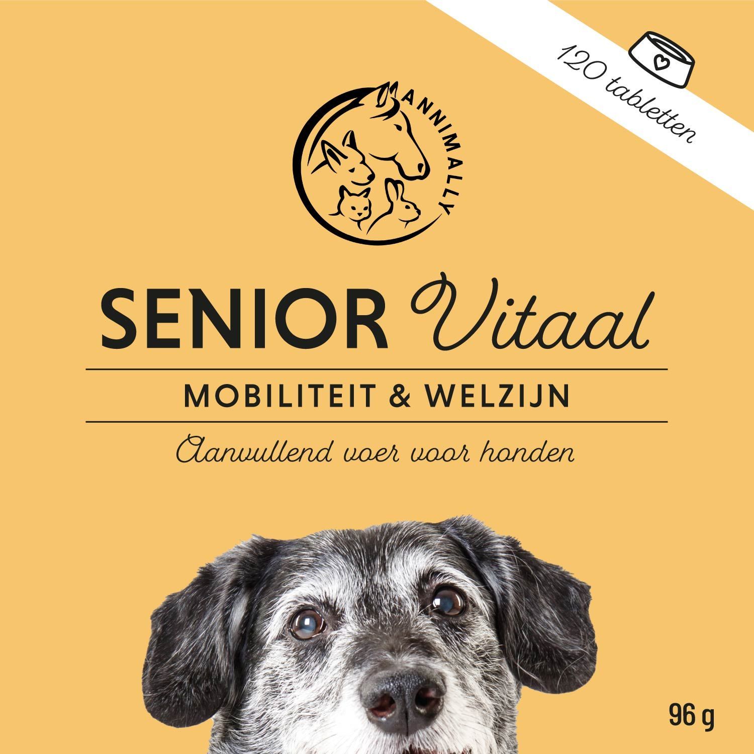 Verpakking van SENIOR Vitaal tabletten. Opschrift: SENIOR Vitaal, Mobiliteit & Welzijn. 120 tabletten. 96 g.
