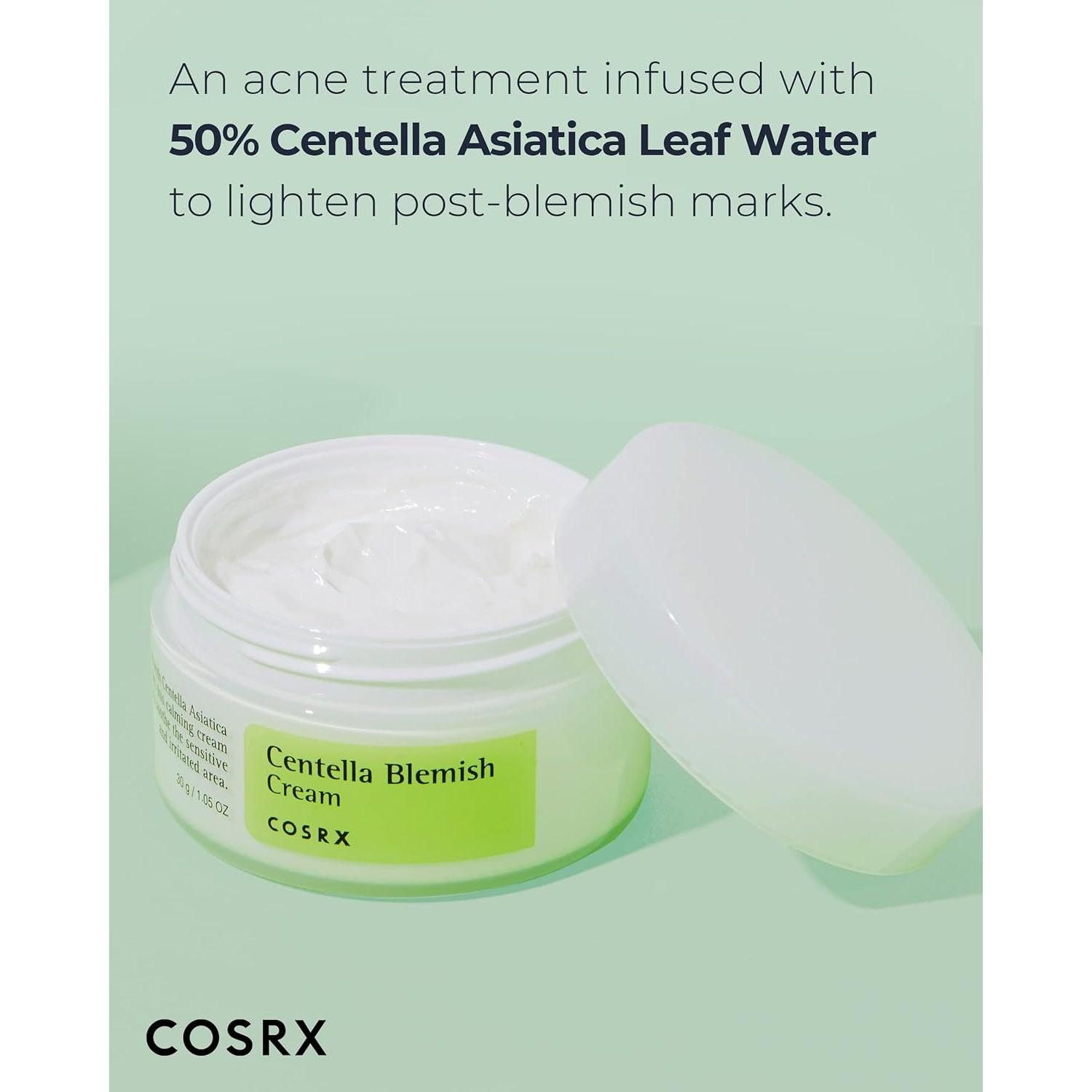 Open crèmepot met deksel ernaast. Tekst: Centella Blemish Cream, COSRX. Opschrift: 30 g / 1,05 OZ.
