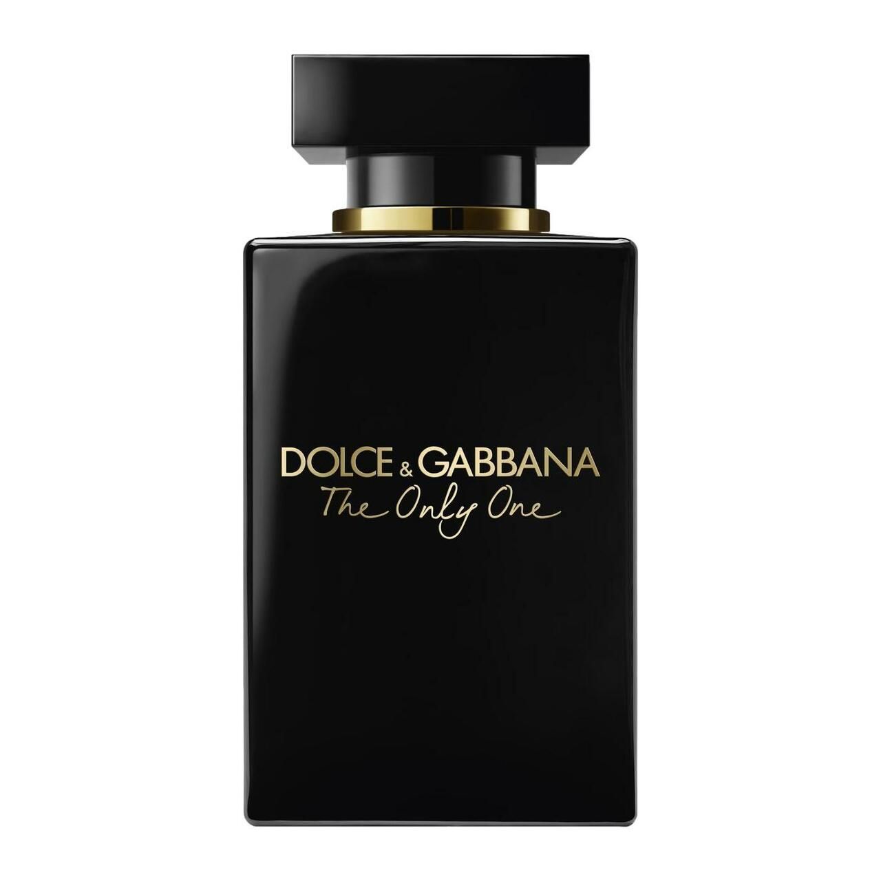 Zwarte fles van Dolce & Gabbana The Only One Intense. Gouden belettering. Vierkante vorm.