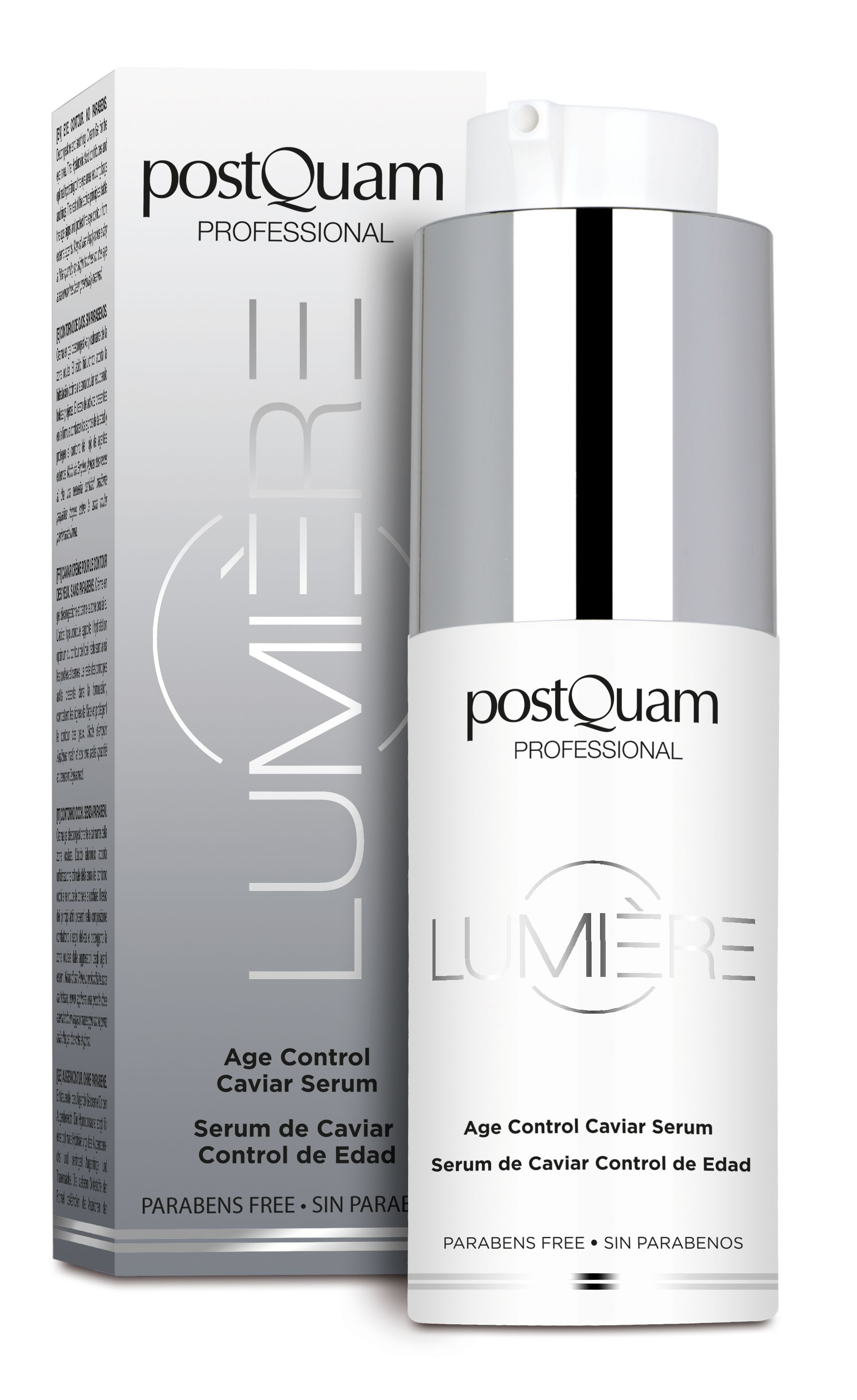 Serumfles en verpakking. Opschrift: Postquam Lumière Age Control Caviar Serum. Zonder parabenen.