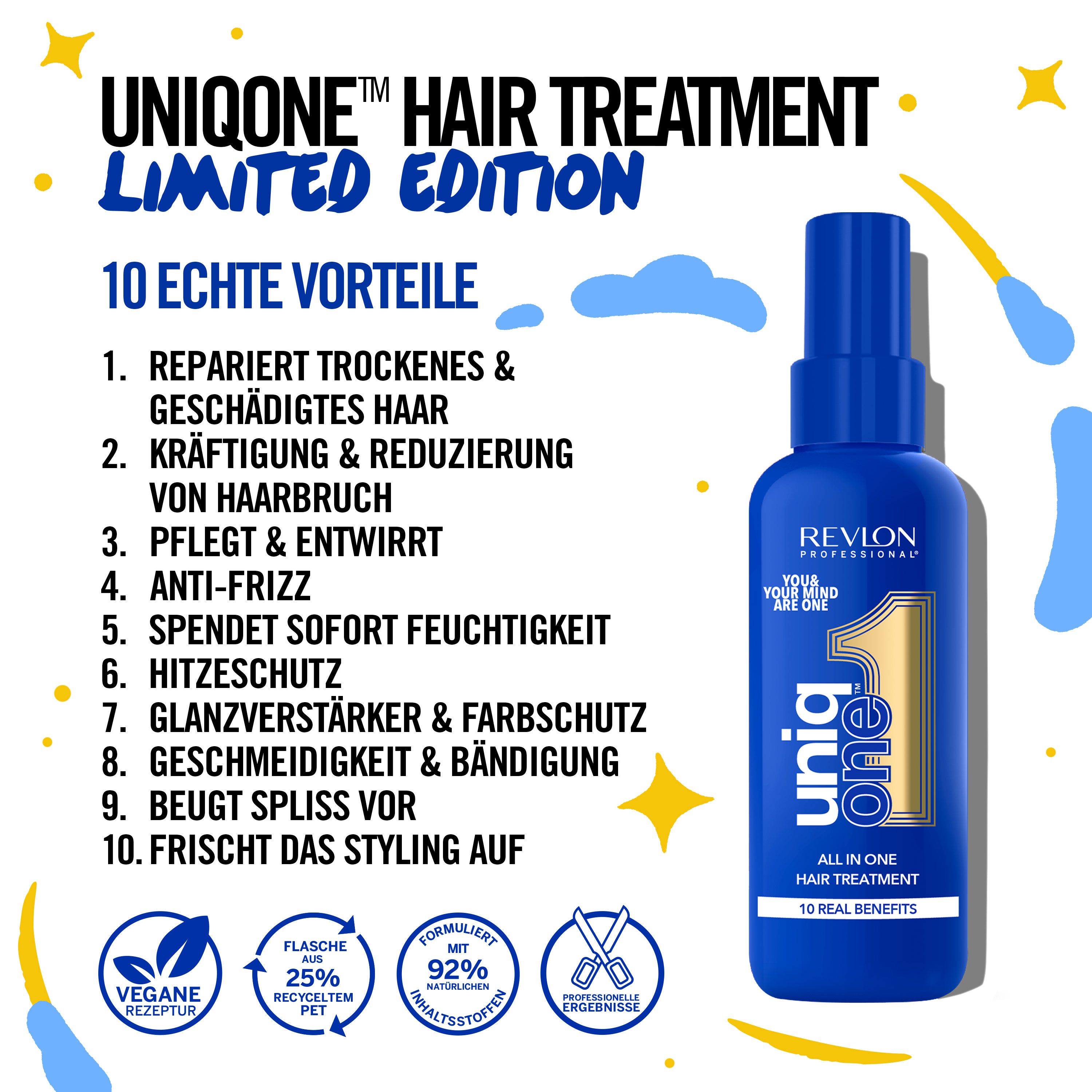 Flacon bleu UniqOne Hair Treatment Édition Limitée. Texte : 10 avantages, vegan, 25% PET recyclé, 92% ingrédients naturels.