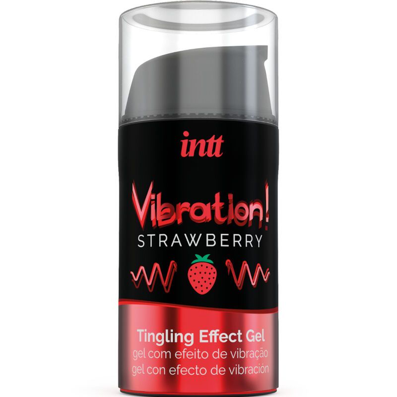 Zwarte fles met rode en witte tekst. Opschrift: INTT Vibration! Strawberry Tingling Effect Gel.