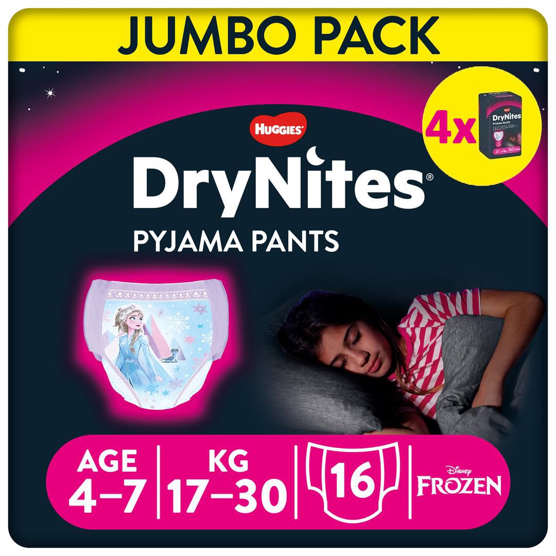Huggies DryNites, Jumbo Pack. Voor meisjes van 4-7 jaar, 17-30 kg. Met Frozen-ontwerp. Verpakking met pyjamabroekjes en 4 kleinere verpakkingen.