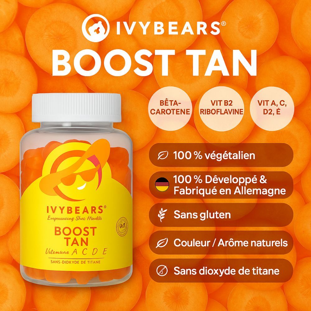Boîte de gommes IvyBears Boost Tan. Avec bêta-carotène, vitamines A, C, D, E et B2. 100% végétalien.