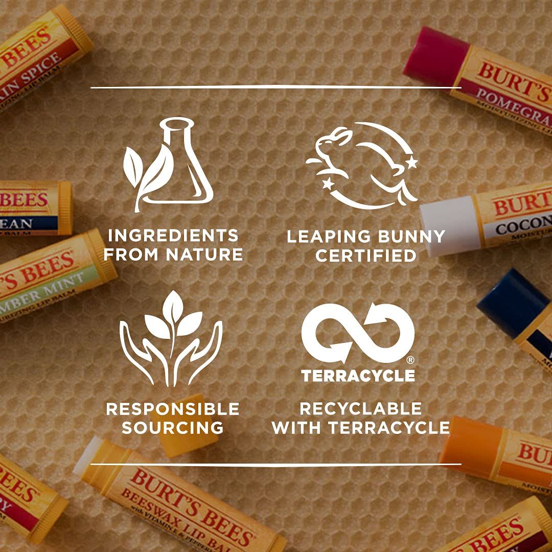 Divers sticks de baume à lèvres et logos. Logos : Ingrédients naturels, Leaping Bunny, Approvisionnement responsable, Terracycle.