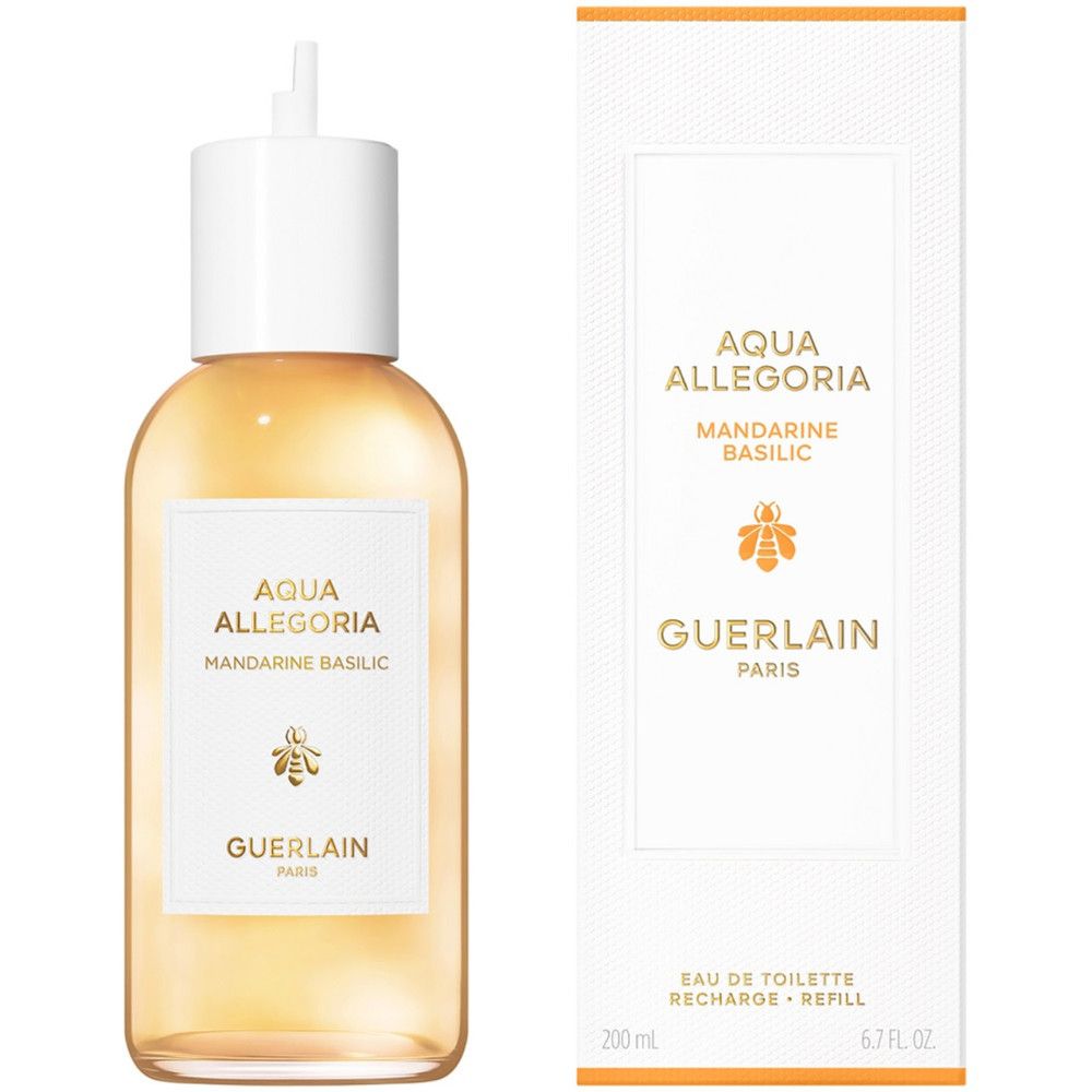 Fles en verpakking. Opschrift Aqua Allegoria Mandarine Basilic en Guerlain. Witte verpakking.