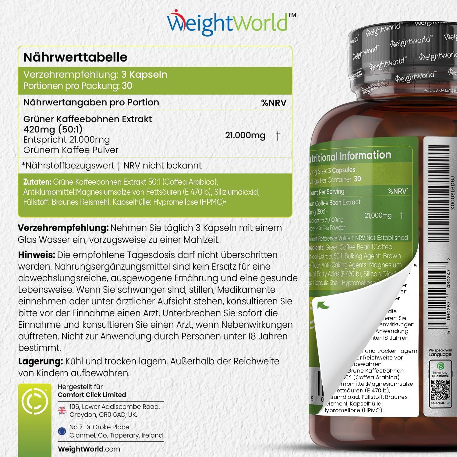 WeightWorld Groene Koffie capsules: Voedingsinformatie per portie, 21.000mg.