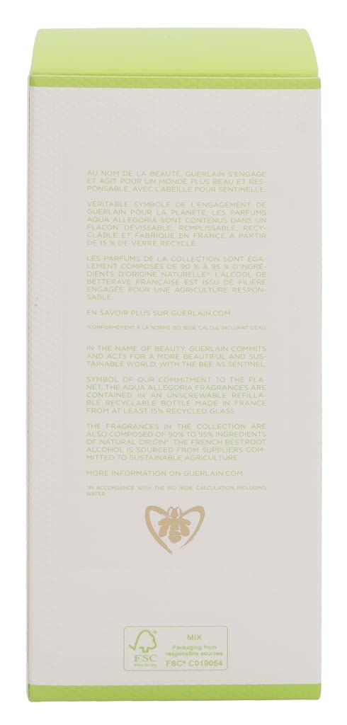 Emballage avec bord vert. Texte : Aqua Allegoria, informations sur les ingrédients, logo FSC et logo Guerlain.