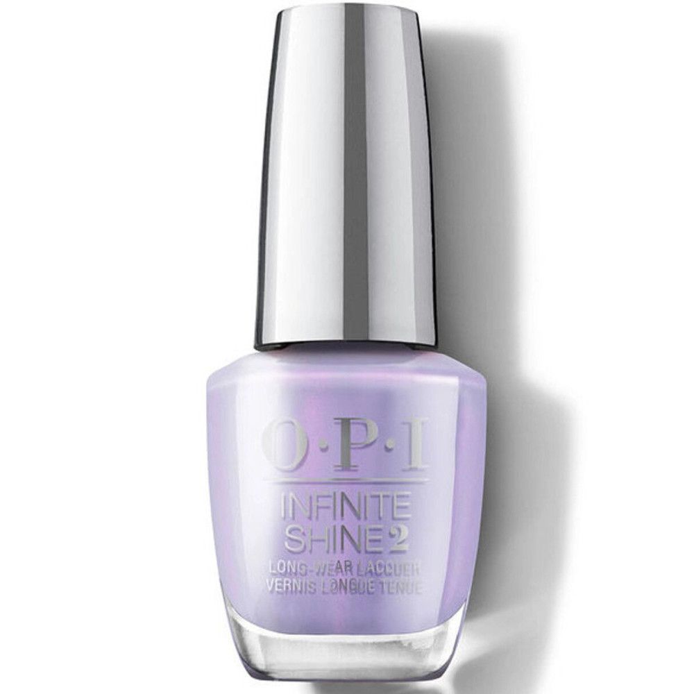 Flacon de vernis à ongles avec bouchon argenté. OPI Infinite Shine 2 est écrit sur le flacon.