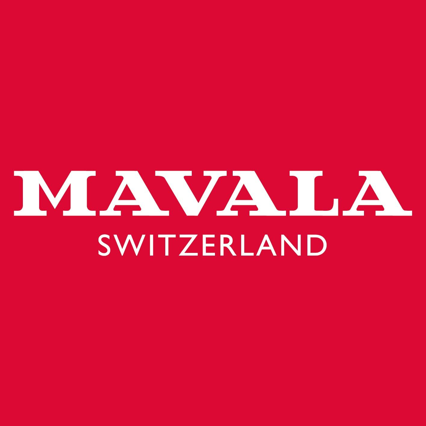 Fond rouge avec logo MAVALA blanc.