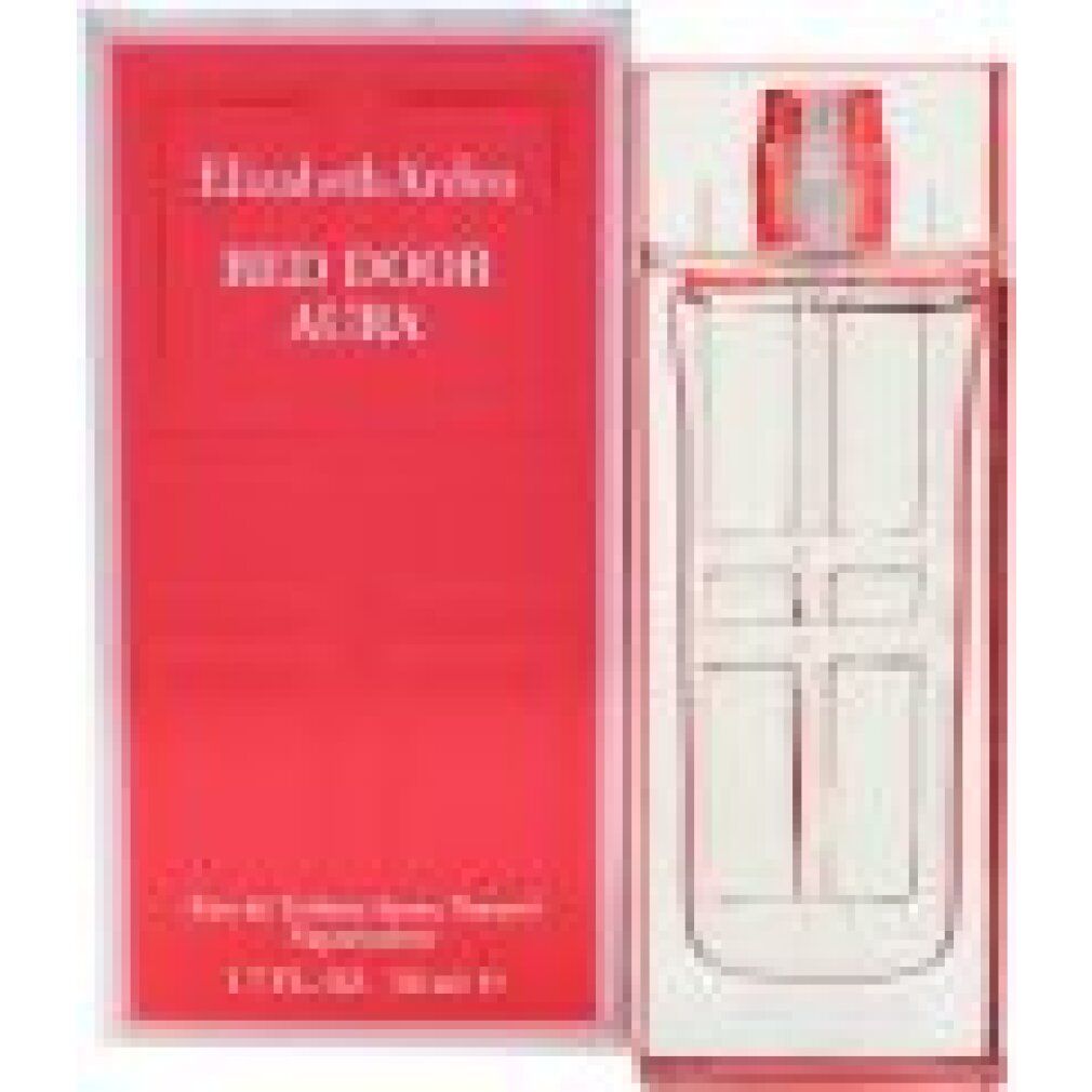 Rode fles en verpakking. Fles met rode dop. Verpakking met opschrift "RED DOOR AURA".