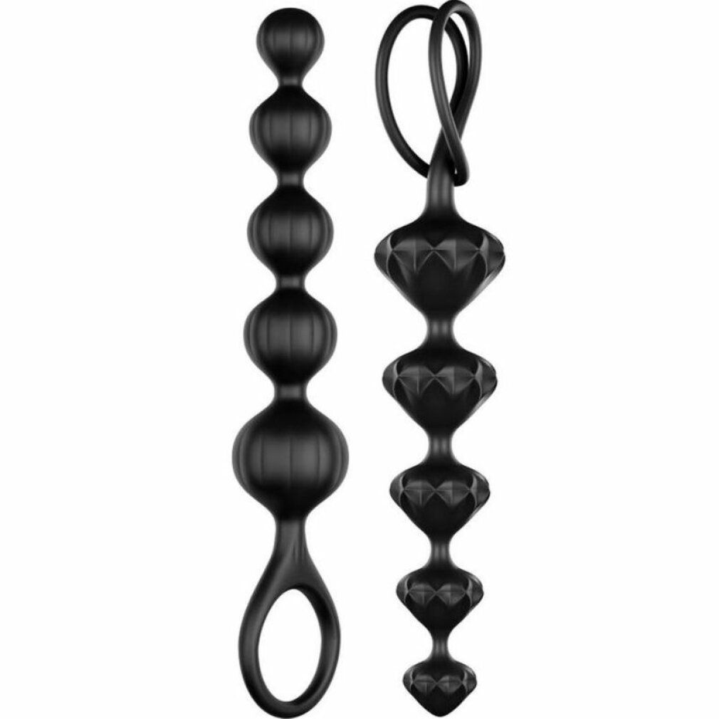 Deux chaînes de perles noires aux formes variées, avec un anneau à l'extrémité d'une chaîne.