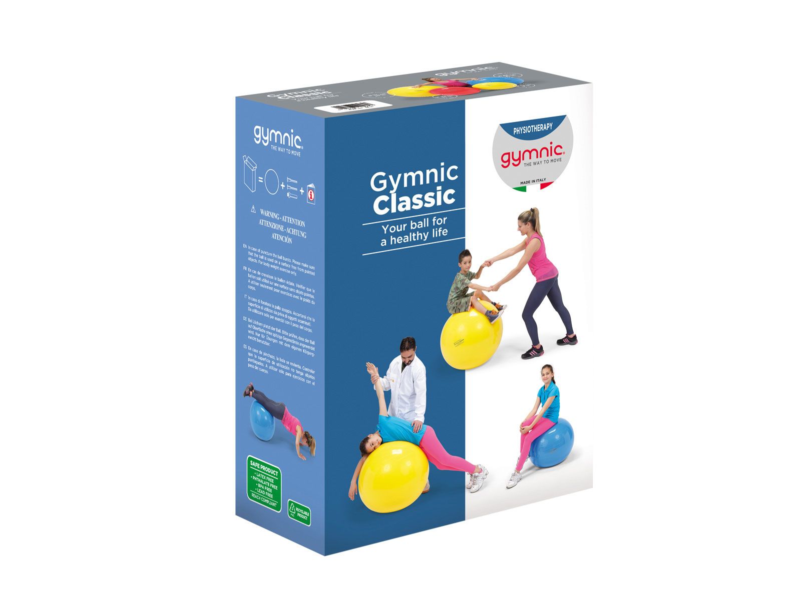 Verpakking met Gymnic Classic gymnastiekballen, afbeeldingen van toepassingen.