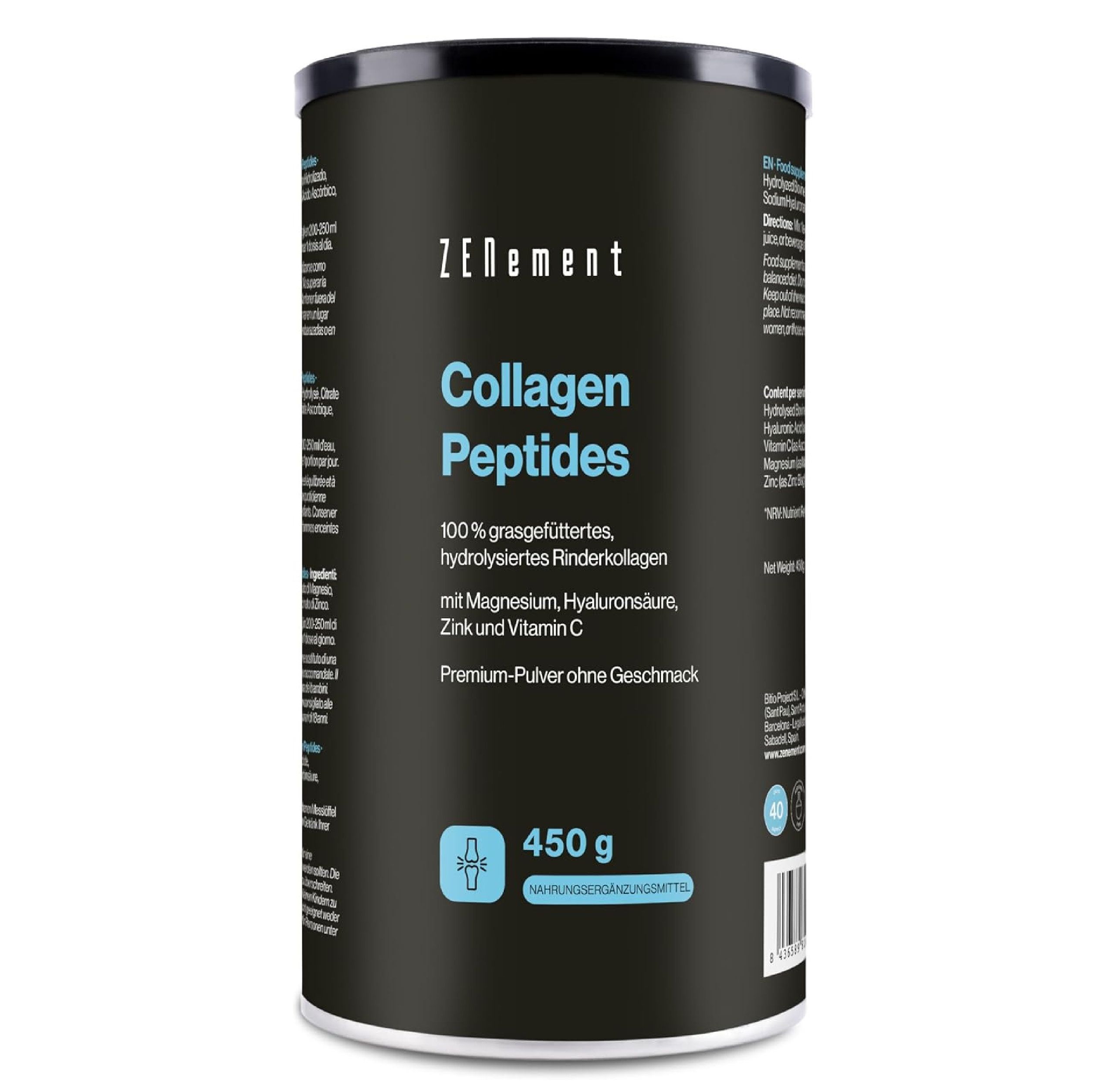 Boîte de peptides de collagène Zenement. Texte: Collagène bovin hydrolysé 100% nourri à l'herbe avec magnésium, acide hyaluronique, zinc et vitamine C. 450g.
