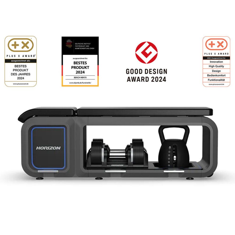 Banc de fitness avec récompenses. Logo Horizon. Haltères, kettlebell. Prix : Meilleur produit 2024, Good Design Award.