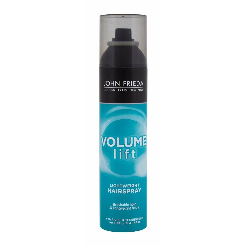 John Frieda Volume Lift Hairspray. Flacon pulvérisateur turquoise et noir. Texte: Volume Lift, Lightweight Hairspray.