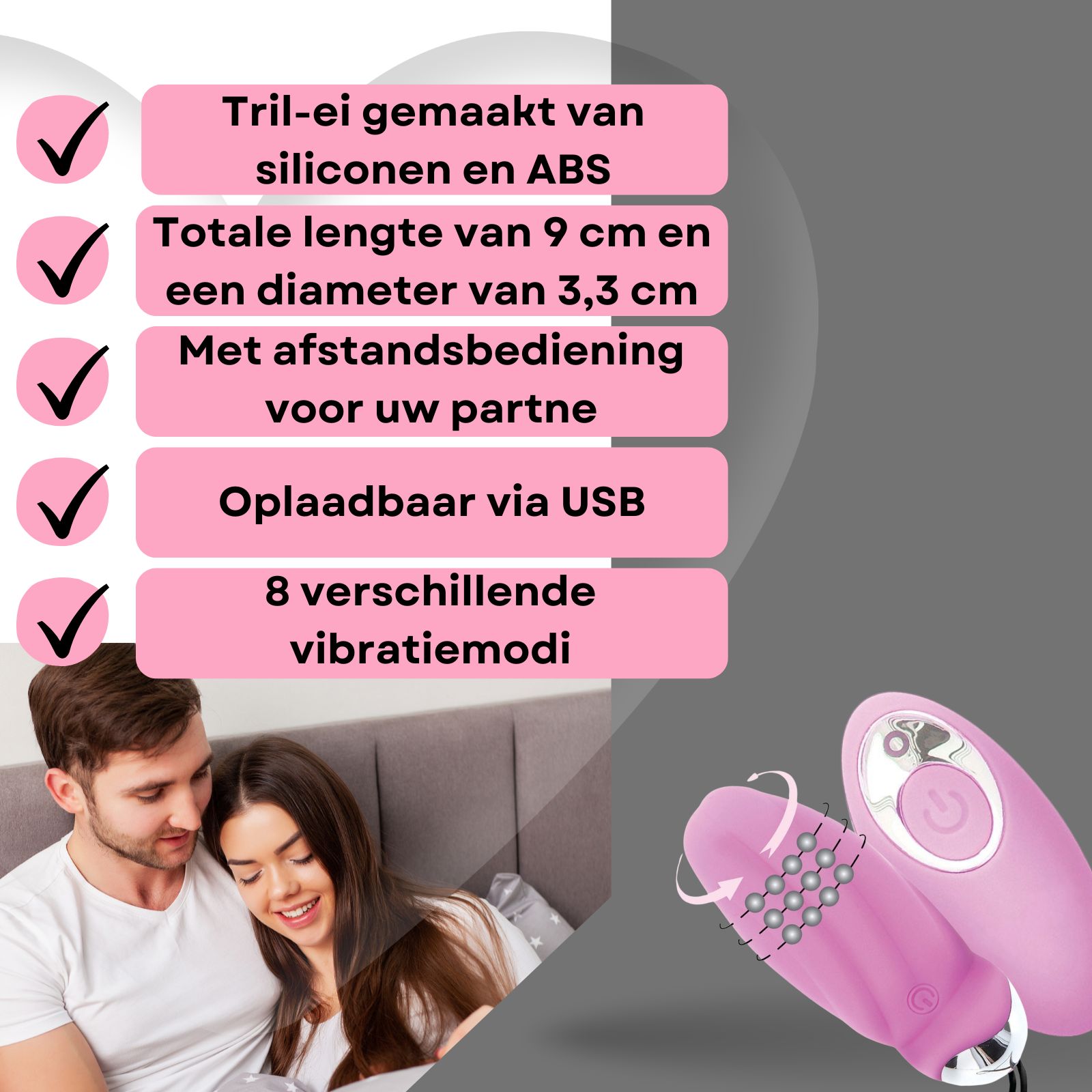 Roze vibrator met afstandsbediening. 9 cm lang, 3,3 cm diameter. 8 vibratiemodi. Oplaadbaar via USB.