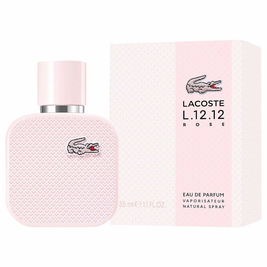 Flacon et emballage Lacoste L.12.12 Rose EdP Nat. Spray. Flacon rose avec logo crocodile. Emballage rose avec logo et informations.