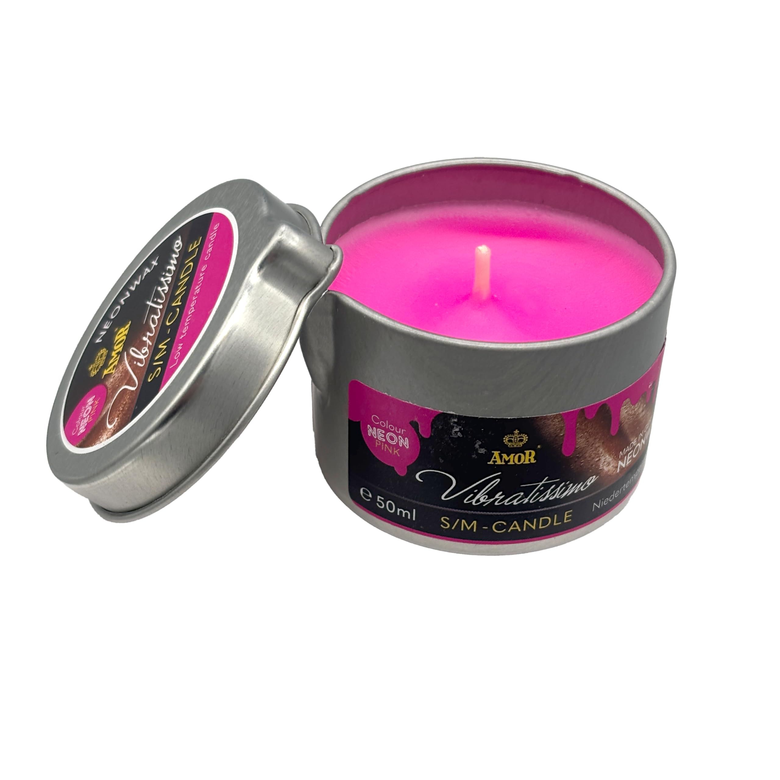 VIBRATISSIMO S/M Kaars Neon Roze in metalen blikje, geopend. Kaars is roze.