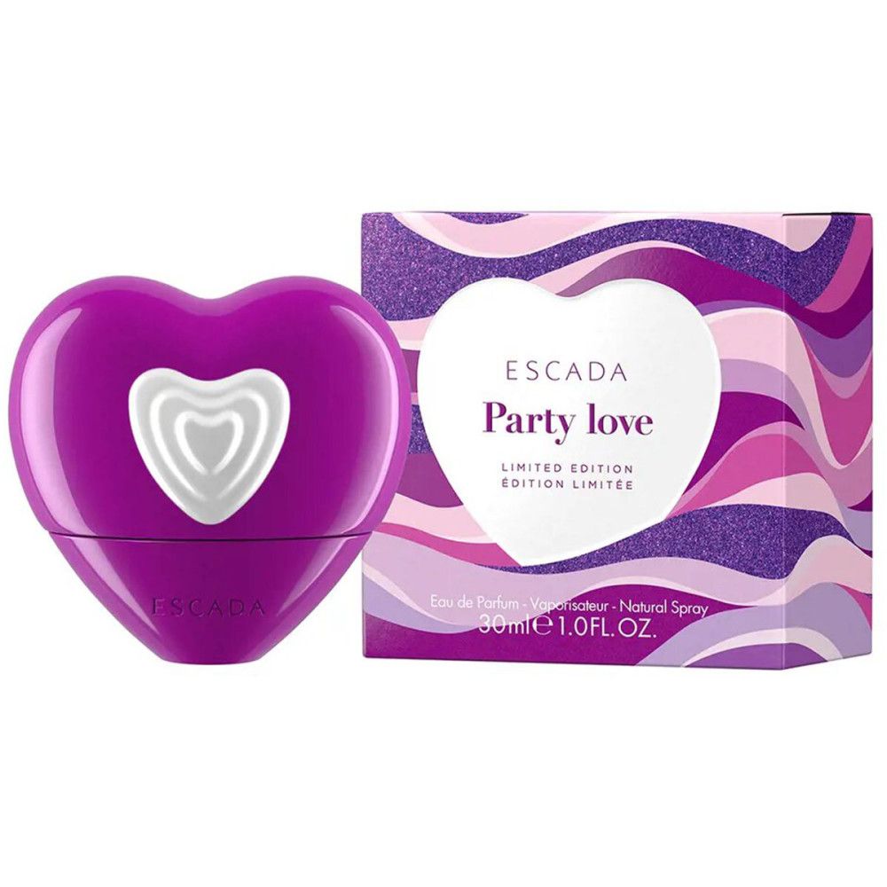 Paarse hartvormige fles en verpakking. Opschrift: Escada Party Love, Limited Edition. Fles met wit hart.