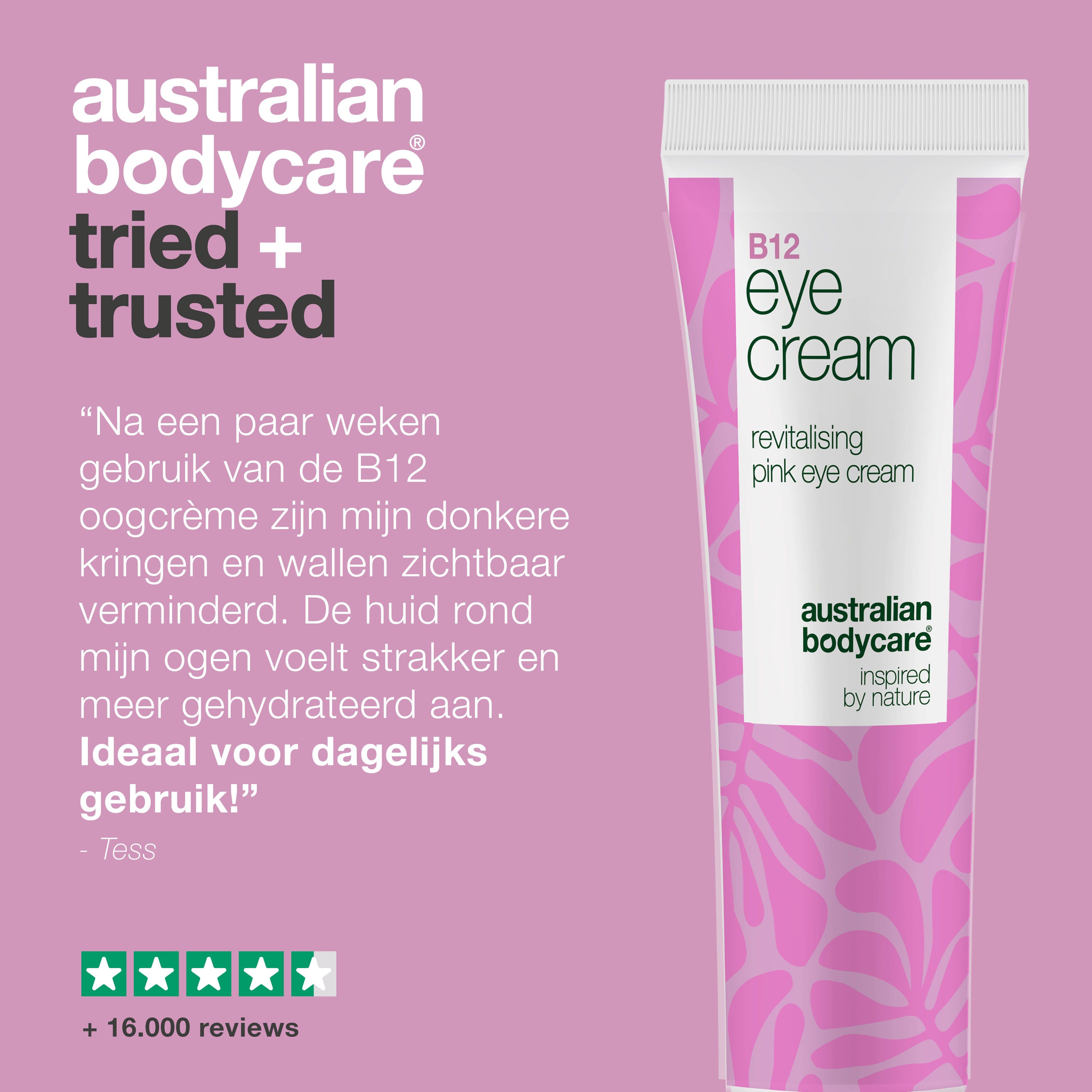 Tube B12 oogcrème. Tekst: Australian Bodycare tried + trusted. Citaten, sterren, +16.000 reviews.