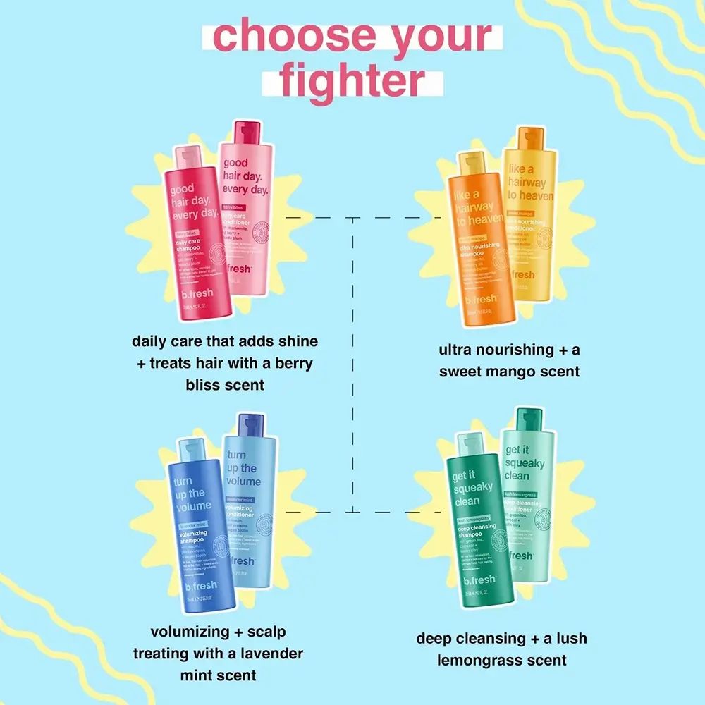 Vier productparen, waaronder een lichtblauwe fles met de tekst Turn Up the Volume. Tekst: Volumizing + hoofdhuidbehandeling met lavendel-muntgeur.